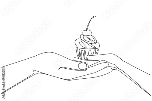 Single one line drawing cherry topping cupcake for the dear brother. Siblings who look after and love each other. National Give Someone a Cupcake Day. Continuous line design graphic illustration