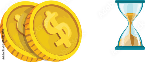 Art & Illustration Golden Coins and Hourglass Together Represent Wealth, Time, and Value