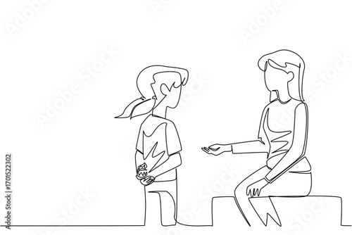 Single continuous line drawing girl holding cupcake behind back and wants to give to mother. Thank you cake for beloved mother. National Give Someone a Cupcake Day. One line design vector illustration