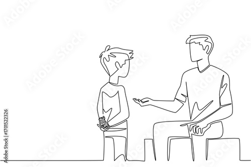 Continuous one line drawing boy holding cupcake behind back and wants to give it to father. Giving a little surprise. National Give Someone a Cupcake Day. Single line draw design vector illustration