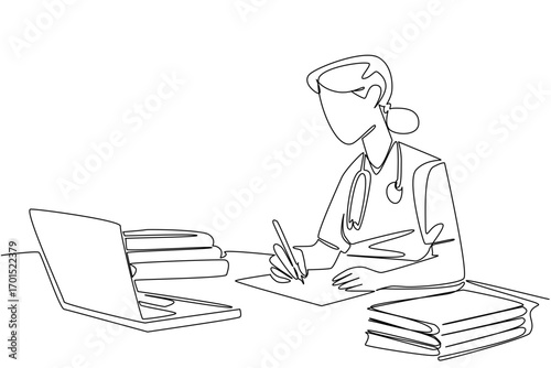 Continuous one line drawing female student nurse wearing stethoscope writing at desk. Final theory test online. Give the best. National Student Nurse Day. Single line draw design vector illustration