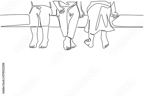 Single continuous line drawing 3 children sitting with their legs hanging. Relaxing and breathing fresh air in the park after school. No homework. No Socks Day. One line design vector illustration
