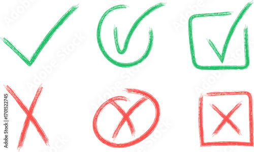 Hand drawn checkmarks and xs symbols set decision making options