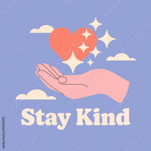 Heart held in open hand with stars and clouds symbolizing kindness compassion love care and positive affirmations for a better world vector