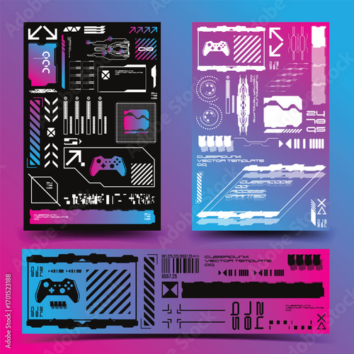 HUD sci-fi technology decals for futuristic gaming cyberpunk style, 2d illustration vector sticker set collection