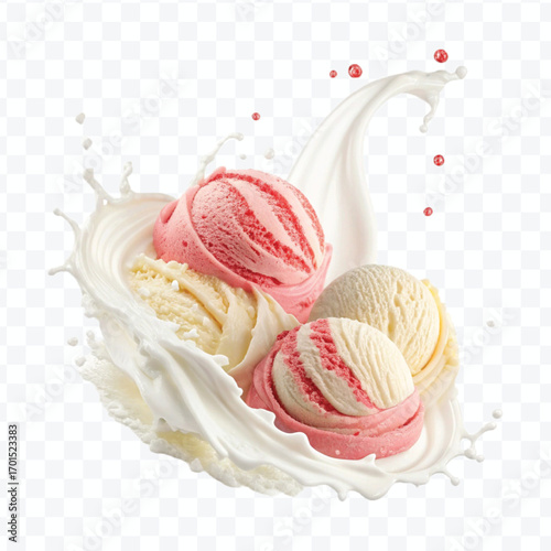 realistic creamy vanilla and strawberry ice cream scoops with milk splash isolated on transparent background