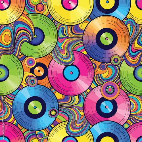 Vibrant vinyl records in a colorful psychedelic pattern graphic design, patern seamless, Stock royalty image.