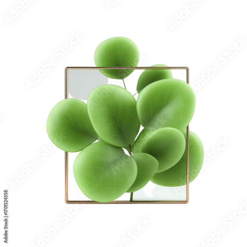 Lush green leaves with a glossy sheen arranged inside a geometric golden frame