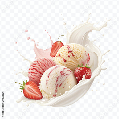 realistic creamy vanilla and strawberry ice cream scoops with milk splash isolated on transparent background