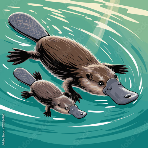 Mother Platypus Swimming with Baby Underwater