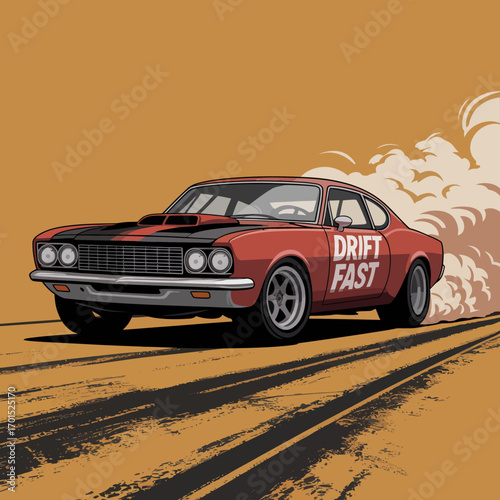 Vintage red race car drifting fast with smoke and tire marks on dusty track retro speed machine automotive art vector
