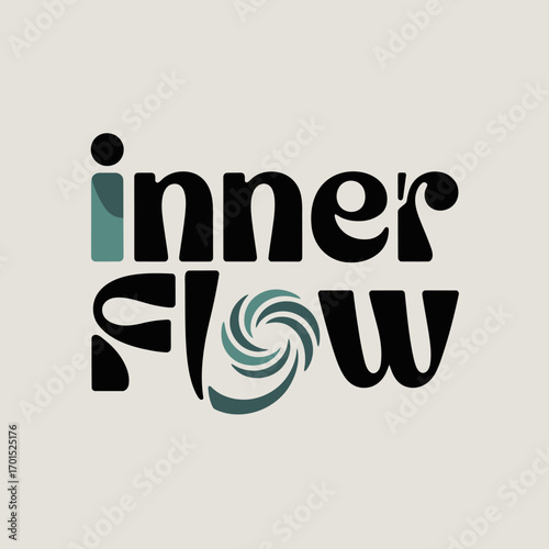 Inner flow artistic mono font logo design expressing calmness and internal energy with a subtle spiral motif vector