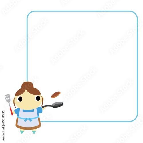 料理をするエプロン姿の女性　フレーム付