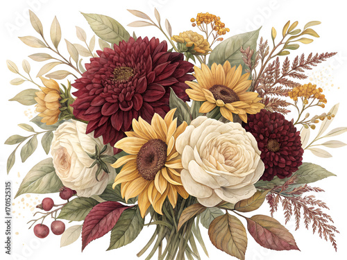 Autumn floral arrangement with deep red dahlias creamy roses and sunflowers isolated on a transparent background