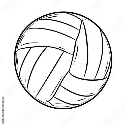 A black and white sketch of a volleyball with curved lines representing its panels.