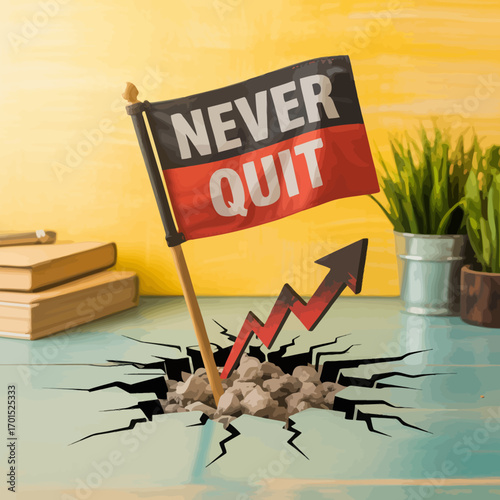 Never quit bold military style font flag emerges from cracked ground with upward arrow symbolizing resilience and success vector