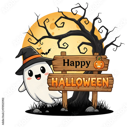 Happy Halloween Cute Ghost with Witch Hat and Pumpkin Illustration – Spooky Moon Night Design