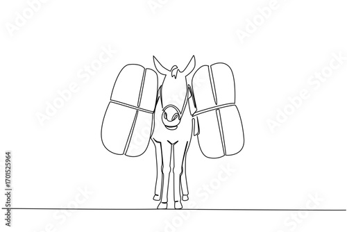 Single one line drawing donkey carrying stuff. Helping to carry stuff while climbing. Benefit for many people. Possible skills for hire. World Donkey Day. Continuous line design graphic illustration