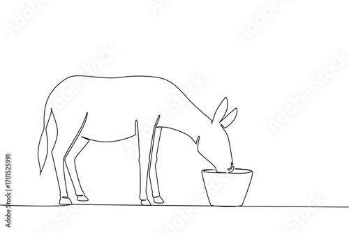 Single one line drawing donkey drinking from a drinking bowl. Special container for donkeys to drink. Convenience for pets. Drink a lot. World Donkey Day. Continuous line design graphic illustration