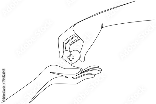 Single continuous line drawing hand is giving a heart with a plus sign in the middle to the other hand. Caring for each other. Donation. Love. World Red Cross Day. One line design vector illustration