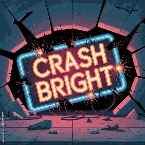 Dynamic neon sign reads crash bright shattering through broken glass creating dramatic entertainment and event visuals glowing with energy vector