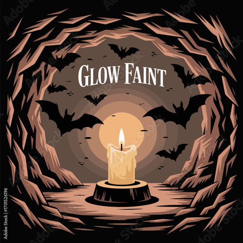 Mysterious cave entrance with glowing candle light and bats silhouette artistic design for spooky ambiance vector