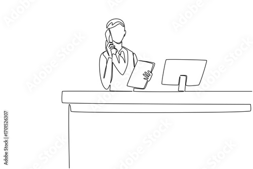 Continuous one line drawing a female receptionist stands holding a telephone receiver and a clipboard. Explaining over the phone. Info. Receptionist Day. Single line draw design vector illustration
