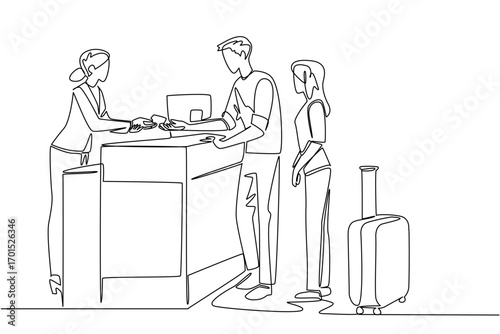 Single one line drawing a female receptionist is giving cards to a husband and wife visitor. Access card to enter the magnificent room. Receptionist Day. Continuous line design graphic illustration