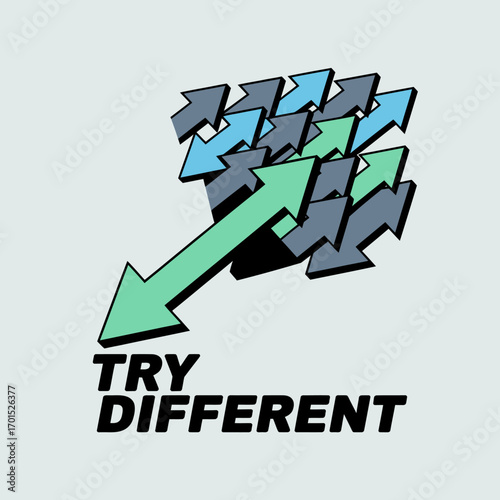Innovative directional arrows symbolize individuality and breaking free from the crowd with bold typography 'try different' vector