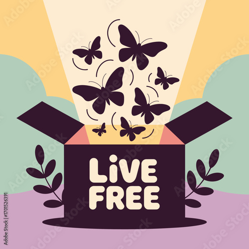 Live free butterflies bursting from open box symbolizing freedom and new beginnings surreal art creative metaphor vector