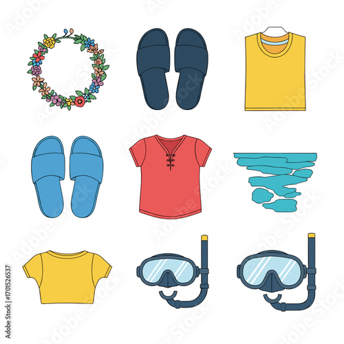 Collection of summer vacation clothing and accessories for beach and swimming fun