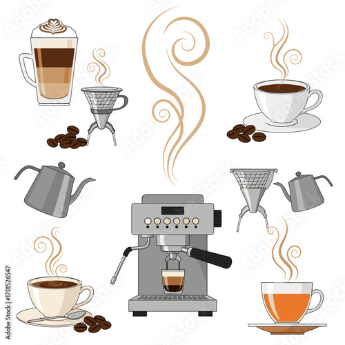 Collection of coffee brewing tools and hot beverages ready to serve