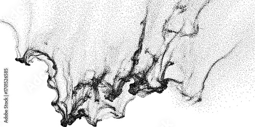 Abstract stipple wave flow in light grain texture and digital spray. Gradation of particles in monochrome background. Vector.