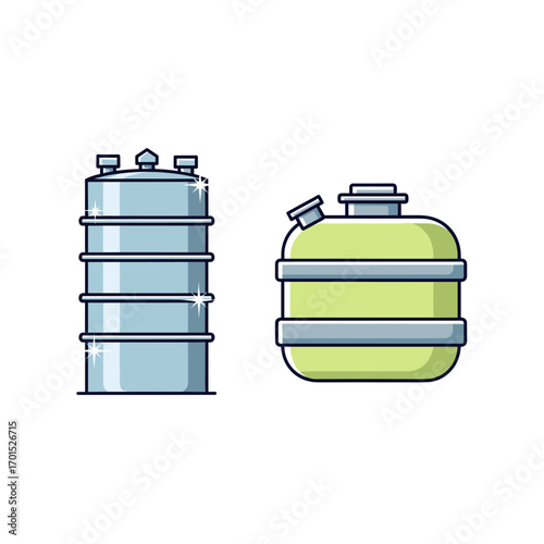 Two large industrial storage tanks for water or chemicals in a factory setting
