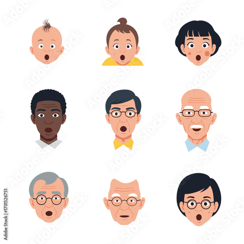 Diverse faces expressing shocked emotions through various age groups and ethnicities