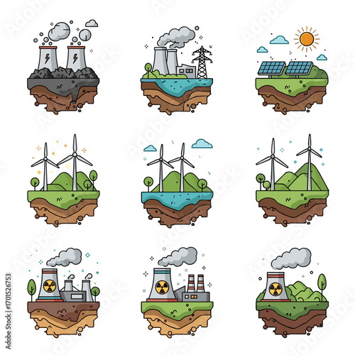 Sustainable energy sources contrasted with fossil fuel power generation methods