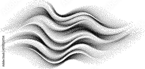 Abstract stipple wave flow in light grain texture and digital spray. Gradation of particles in monochrome background. Vector.