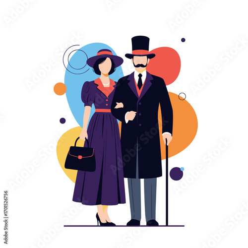 Elegant vintage couple dressed in formal attire walking together gracefully