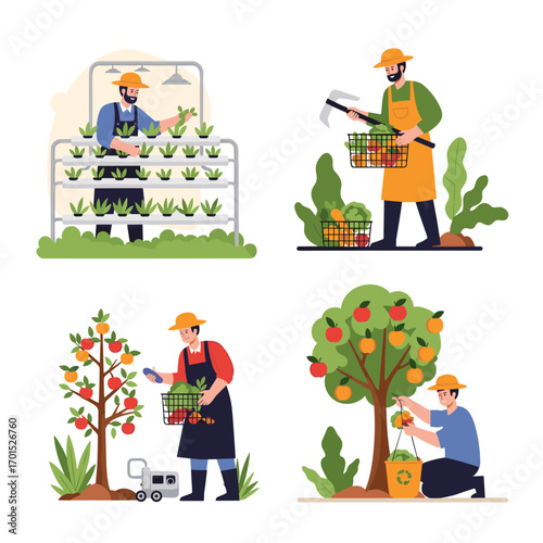 Farmers harvesting fresh produce from vertical gardens and orchards using modern farming techniques