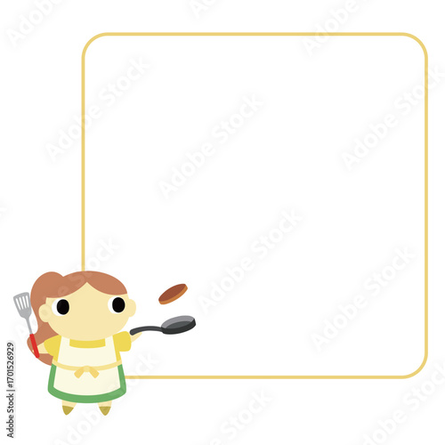 料理をするエプロン姿の女性　フレーム付