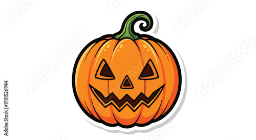 Isolated Halloween Jack-o'-lantern sticker illustration. Creepy cartoon pumpkin with a spooky carved face, vector graphic for autumn holiday celebration