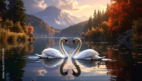 Fototapeta Naklejka Na Ścianę i Meble -  Two swans gracefully glide across a serene lake nestled amongst autumnal mountains, showcasing a tranquil and romantic scene.
