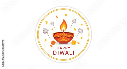 Happy Diwali traditional oil lamp illustration with festive glow and floral accents