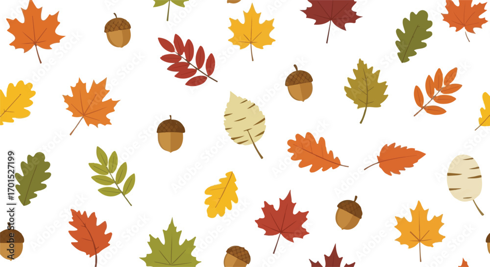 Fototapeta premium Seamless autumn pattern with colorful falling leaves and acorns. Vector background illustration of fall foliage on a white backdrop