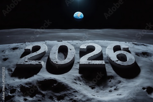 Exciting visual of 2026 sculpted on the moon's surface with Earth in the sky, perfect for space exploration, future technology, and lunar mission designs and presentations