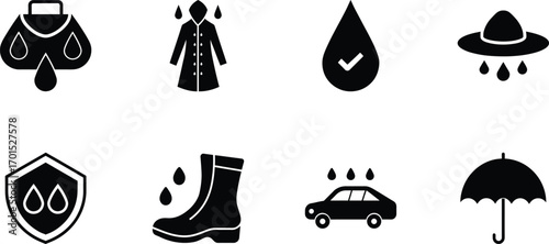 Collection of waterproof icons including a bag, coat, drop, hat, shield, boot, car, and umbrella isolated on transparent background