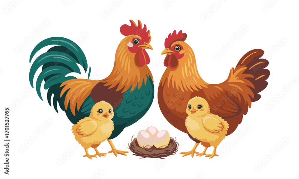 Fototapeta premium Chicken Family Cute Rooster, Hen, and Chick Vector Illustration, easily editable and scalable.