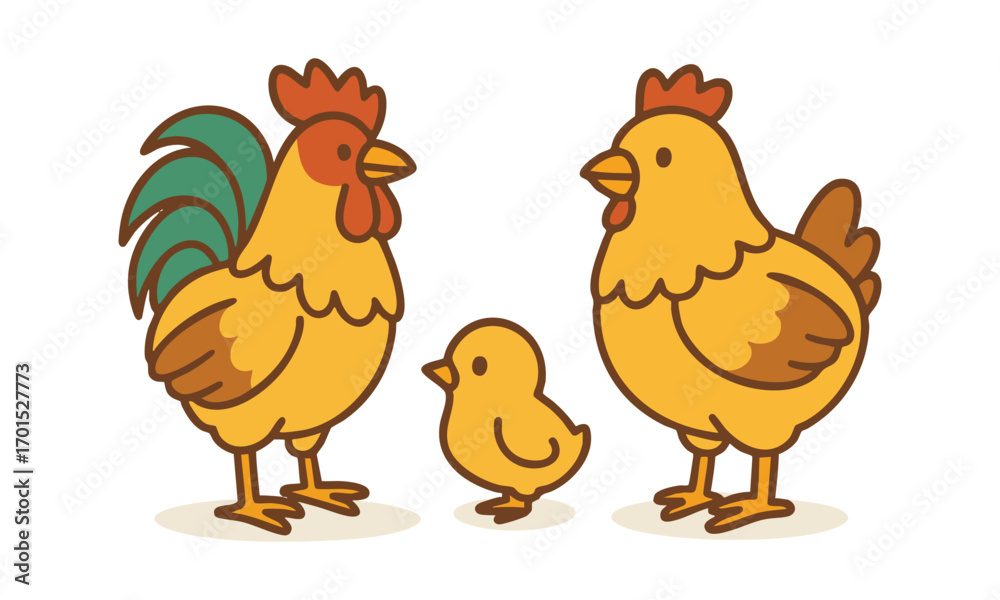 Fototapeta premium Chicken Family Cute Rooster, Hen, and Chick Vector Illustration, easily editable and scalable.