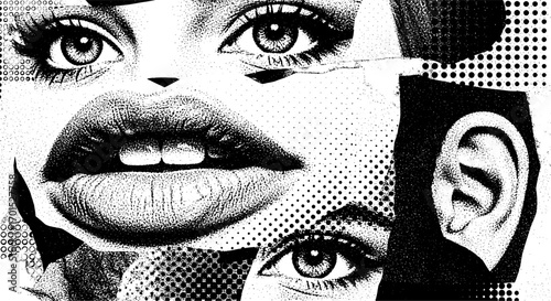 Trendy elements with a retro photocopy effect. y2k elements for design. Eyes, lips, mouth, ear. Grain effect and stippling. Vector dots texture.