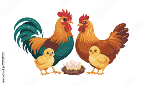 Chicken Family Cute Rooster, Hen, and Chick Vector Illustration, easily editable and scalable.